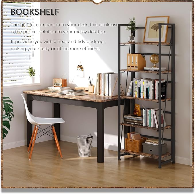 4NM No Assembly Foldable Bookshelf, 5-Shelf Collapsible Bookcase Storage for Small Spaces, 62.2" H, Rustic Brown and Black