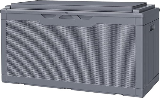 JUMMICO 100 Gallon Resin Deck Box with Cushion, Waterproof Outdoor Storage Box with Lockable Lid for Garden Tools, Patio Cushions (Gray)