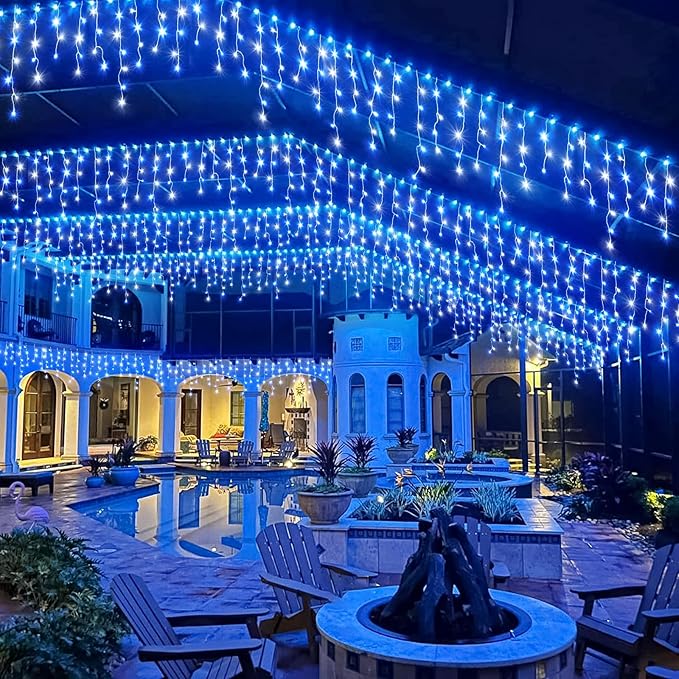 Icicle Christmas Lights Outdoor, 33ft 400 LED Blue and White Christmas Lights 8 Modes with 75 Drops, Waterproof Icicle Light Plug in for Indoor Outside Party Holiday Xmas Halloween Decorations