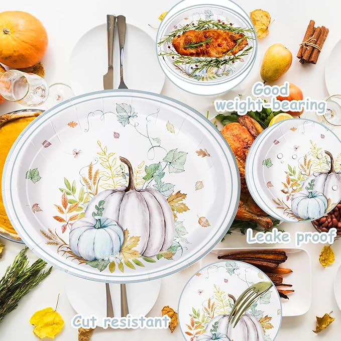 25 Pcs Fall Paper Plates Large 9" X 11" Thanksgiving Pumpkins Maple Leaf Disposable Autumn Dinnerware for Harvest Thanksgiving Party Decorations
