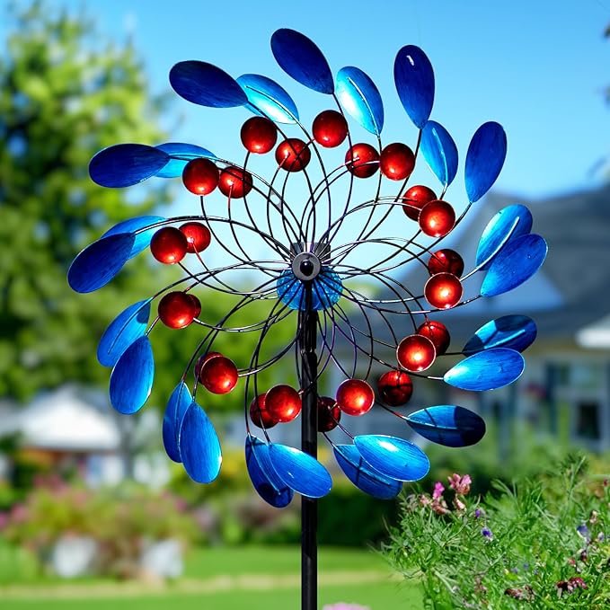Solar Wind Spinners Outdoor, Colorful Large Garden Wind Spinners with Stake, Lawn Decor Windmill for Yard, Patio, Backyard (24'' W x 88'' H)
