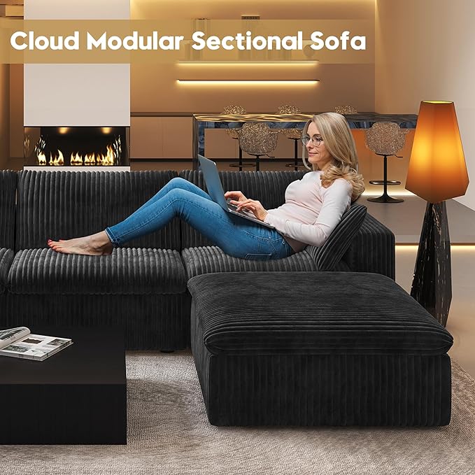 157.5" U Shaped Modern Sofa Modular Sectional Cloud Couch with 2 Ottoman,Deep Seat Upholstered Couches with Corduroy Fabric for Living Room Furniture,Bedroom and Apartment,No Assembly Required,Black