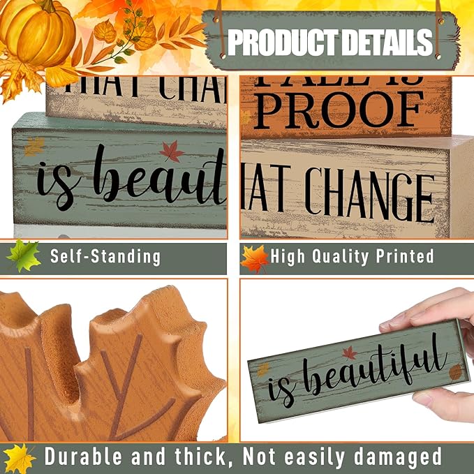 4 Pcs Fall Decoration for Home Wooden Maple Leaf Fall Tiered Tray Decor Thanksgiving Table Centerpiece Rustic Decorative Maple Leaf Block Signs Farmhouse Autumn Decoration for Home Kitchen