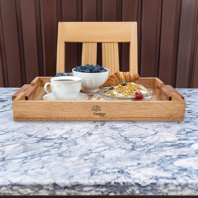 Mango Acacia Wood Serving Trays with Handles – Set of 2 Large Decorative Wooden Trays for Breakfast in Bed, Dinner, Snacks, Coffee Table, Ottoman, Couch & Patio Party – (16x10x1.75 & 8x12x1.75) Inches