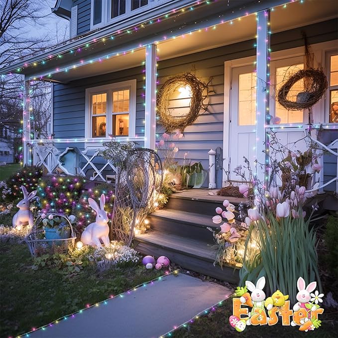 JMEXSUSS 2 Pack Easter Lights Battery Operated Outdoor Indoor, Total 66ft 200 LED Multicolor Easter String Lights for House Porch Yard Garden Tree Decorations