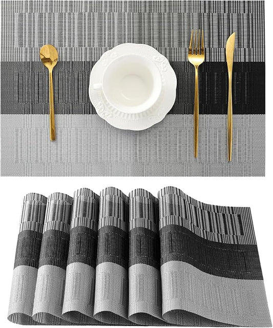 Leetaltree Grey with White Striped Placemats Set of 6 - Heat Resistant Non-Slip Place mats for Dining Table, Washable Durable PVC Vinyl Woven Table Mats（Grey Stripe, 6）