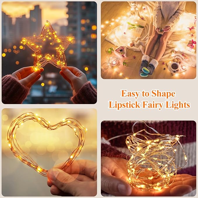 66FT(33*2) Lipstick Mini Fairy Lights Battery Operated, String Lights with Timer, LED Rechargeable Twinkle Lights for Bedroom, Christmas Decorations, Wedding, Vine, Centerpiece Table Decor Warm White