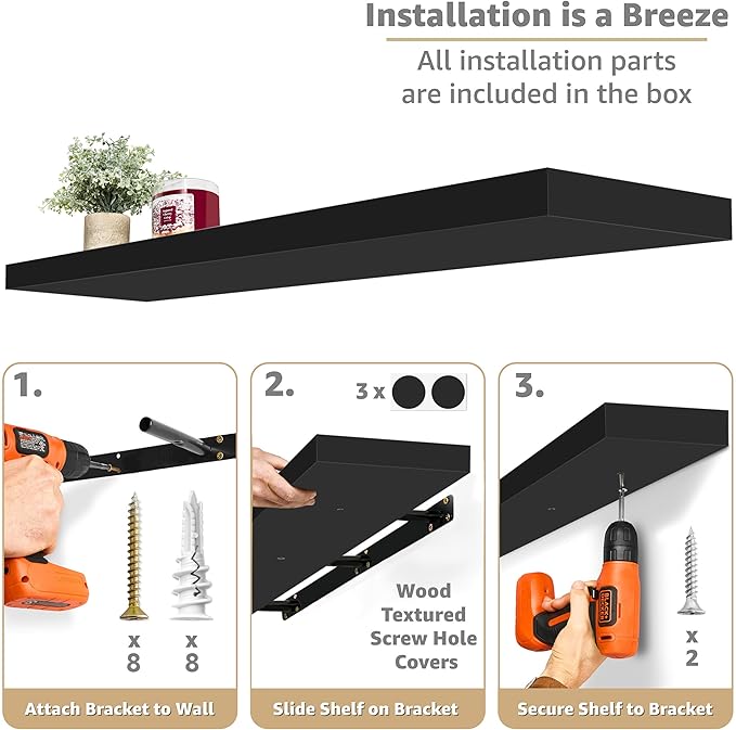 Sorbus Floating Shelves for Wall - 48 Inch Long Bathroom Shelves, Wall Decor for Bedroom, Kitchen, Living Room & Book Storage - Mounted Floating Shelf with Invisible Brackets (Black, 3 Pack)