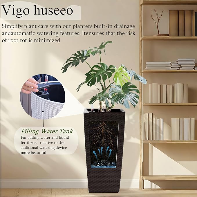 2Pcs 23in High Large Plant Pots Planter-Self-Watering,Modern Planter with Drain Holes,Water Level Monitor,Inner Bucket for Indoor/Outdoor Front Porch Patio,Brown Rattan