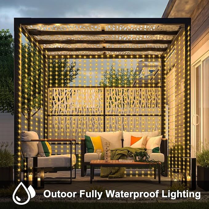 Curtain Lights Battery Operated 200 LED Curtain Fairy Lights 6.6×6.6ft with Remote Timer Outdoor Wall Light Fully Waterproof for Wedding Backdrops Bedroom Decor (Warm White)
