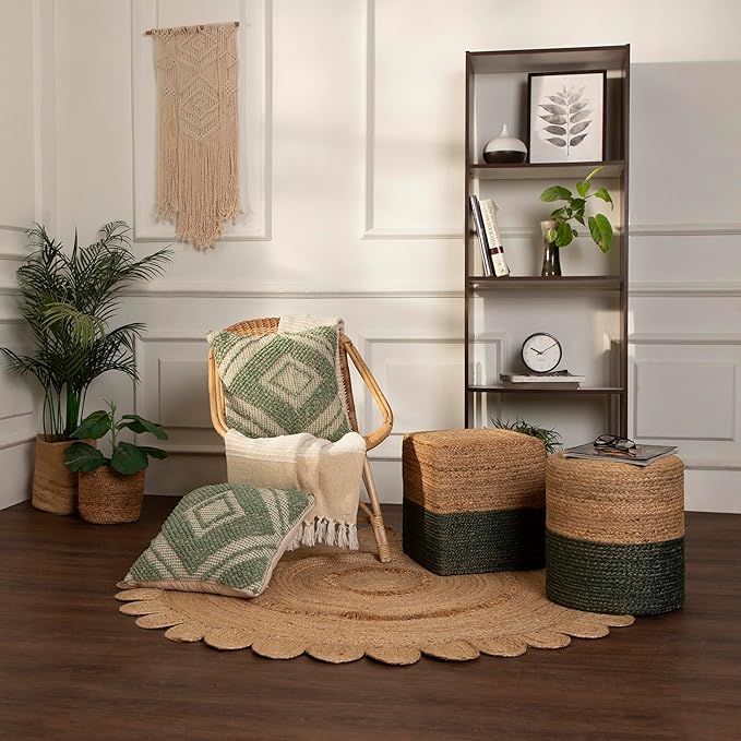 REDEARTH · Cylindrical Pouf Foot Stool Ottoman - Jute Braided Pouffe Poof Accent Sitting Footrest for The Living Room, Bedroom, Nursery, Patio, Lounge - Set of 2 (14.5”x14.5”x16”; Natural Olive)