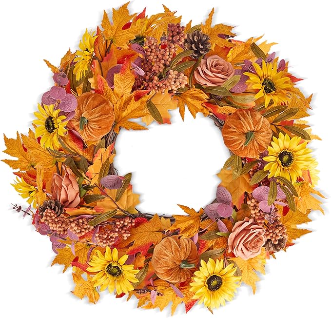 GENMOUS 24Inch Fall Wreaths for Front Door, Autumn Velvet Pumpkin Wreath Autumn Maple Leaves Porch Decor, Farmhouse Wreaths Home Wall Outdoor Indoor Thanksgiving Halloween Harvest Festival Fall Decor