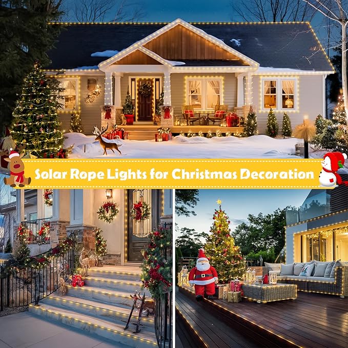 JMEXSUSS 2 Pack 100 LED Solar Rope Lights,33ft 8 Modes Solar Rope Lights Outdoor Waterproof LED Solar Powered Rope Tube for Trampoline,Fence,Gazebo,Yard,Walkway,Path(Warm White)