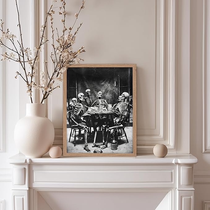 Poster Master Vintage Photograph Poster - Retro Daguerreotype Print - Gift for Artist, Friend - Skeletons Smoking at Table, Dinner Party, Goth - Wall Decor for Home, Dorm, 8x10 Beige Framed