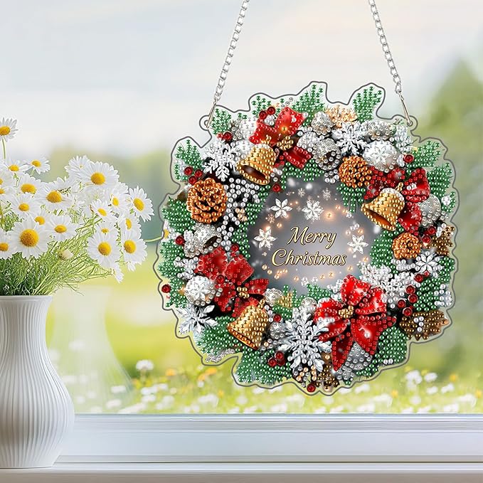 NEWENMO Diamond Art Hanging Kit for Adult, Merry Christmas Wreath, DIY Special Shaped Crystal Acrylic Diamond Art Painting Window Pendants, Diamond Painting Ornament for Home Garden Wall Decor