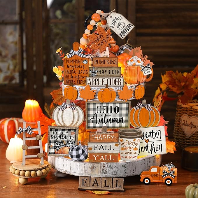 21 Pcs Fall Tiered Tray Decoration Set Thanksgiving Table Sign Pumpkins Farmhouse Gnome Maple Leaves Centerpieces Harvest Wood Blocks Signs Fall Block Tabletop for Autumn