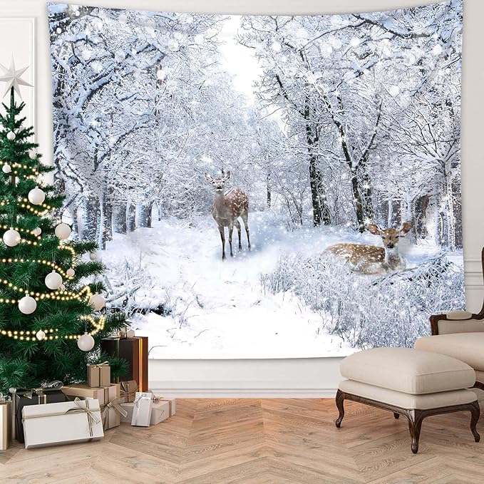 QGHOT Winter Tapestry Wall Hanging, Snow Scene Backdrop Winter Wonderland Wall Decor Snowy Forest Wall Art Nature Woodland Deer Tapestry for Bedroom Room Dorm Party Decoration, Extra Large
