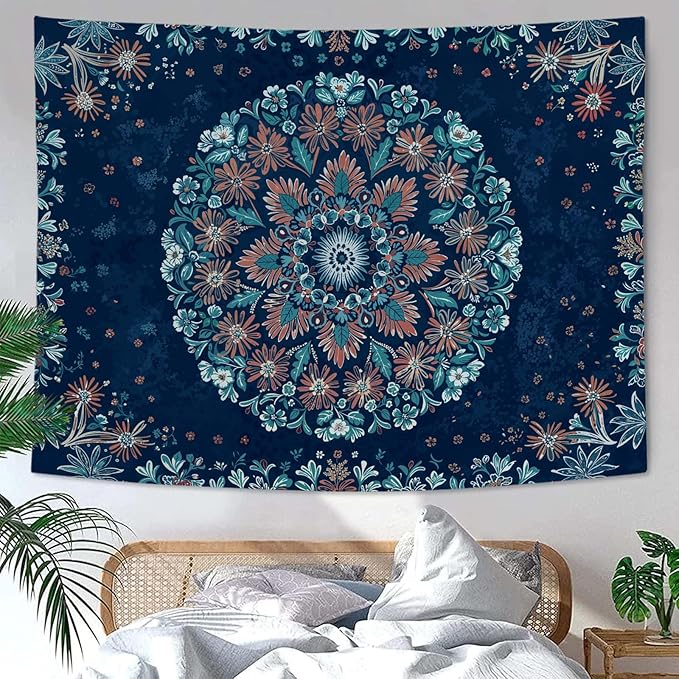 Fowocu Boho Floral Mandala Tapestry Wall Hanging Blue Bohemian Flower Medallion Tapestry Aesthetic Vintage Navy Hippie Indian Small Tapestries for Bedroom Living Room Dorm Decor 48 x 36 Inch