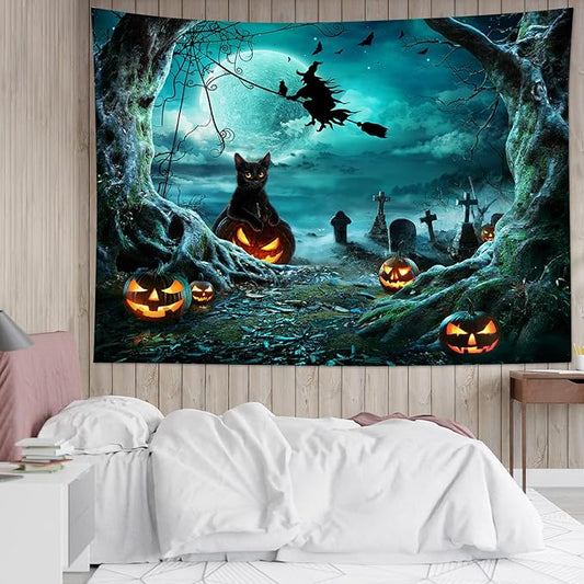 LB Halloween Pumpkin Tapestry Creepy Black Cat Witch Dead Tree in Spooky Graveyard Full Moon Night Halloween Wall Hanging for Bedroom Living Room Dorm Holiday Party Decor 48x36 Inch