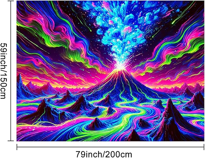 BlissYard Erupting Volcano Stream UV Black Light Tapestry 78x59 Inches Art Color Neon Light Background Bedroom Living Room Wall Party Decoration Psychedelic Lava Mountain Sky Flow Fantasy Scene