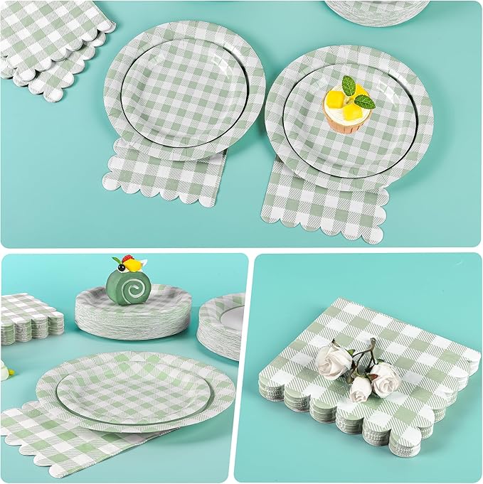 200Pcs Sage Green Gingham Party Supplies Gingham Paper Plates and Napkins Cups Sage Plaid Plates Disposable Green and White Plaid Party Decor for Birthday Family Picnic BBQ,Serves 50 Guests