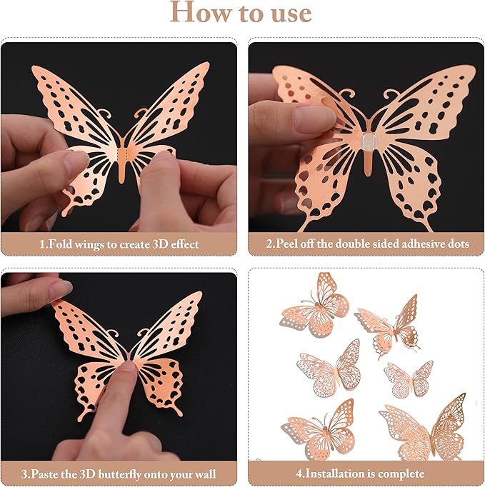 SAOROPEB 3D Butterfly Wall Decor, 48 Pcs 4 Styles 3 Sizes, Removable Metallic Wall Sticker Room Mural Decals for Kids Bedroom Nursery Classroom Party Decoration Wedding Decor DIY Gift (Rose Gold)