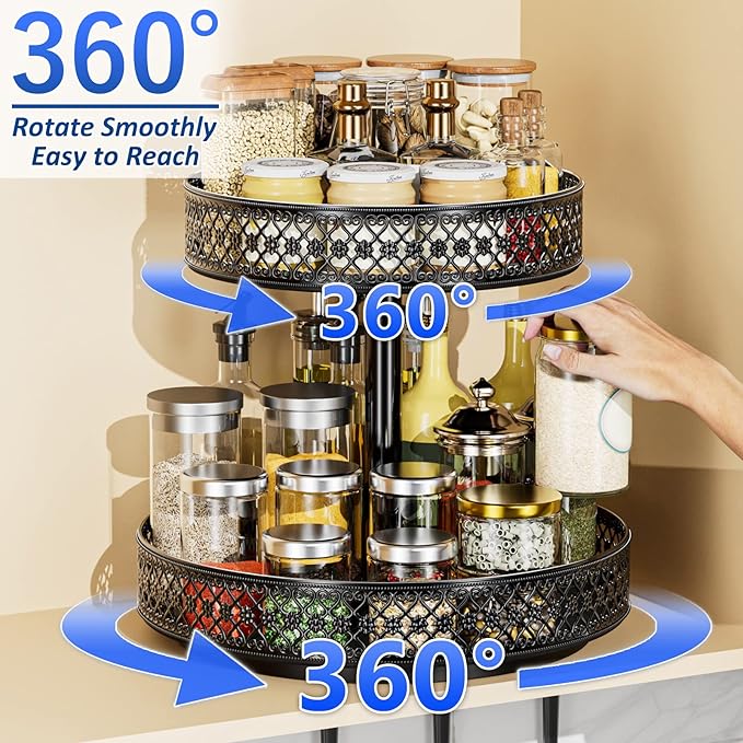 Lazy Susan Organizer 2 Tier - Turntable Spice Rack 12 inch Adjustable Metal Rotating Lazy Susan for Cabinet Pantry Kitchen Countertop Dining Table Cupboard Bathroom Vanity Storage Black