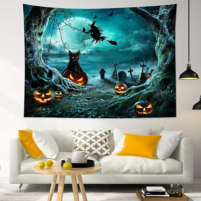 LB Halloween Tapestry Pumpkins Black Cat Dead Tree in Spooky Graveyard Full Moon Night with Witch Halloween Wall Hanging for Bedroom Living Room Dorm Decor 80x60 Inch
