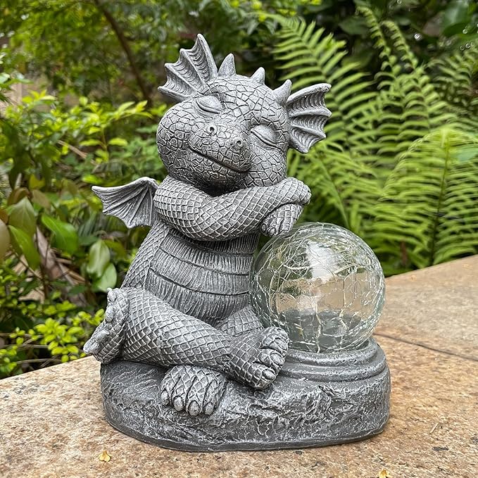 Garden Dragon Figurine Solar Powered Outdoor Cute Dragon with Hold Glowing Glass Ball Resin Sculpture for Porch Patio Lawn Farm Yard Home Decoration Gift for Women Housewarming