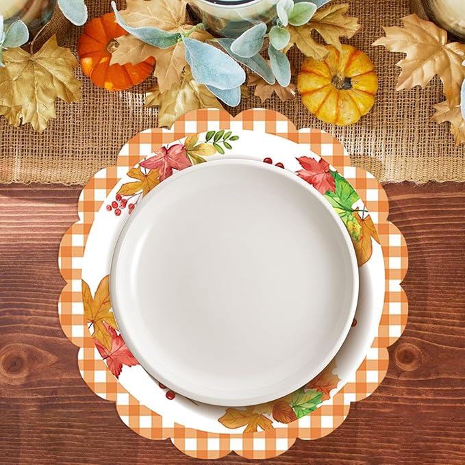 50Pcs Fall Pumpkin Round Paper Placemats,13.4 Inch Autumn Maple Leaf Round Table Mats Thanksgiving Scalloped Disposable Placemats for Harvest Birthday Thanksgiving Party Supplies