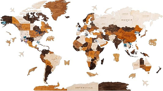 HYPERI Multilayered 3D Wooden World Map Wall Decor, Wood Art Wall Decor, Mapa Mundi Para Pared, World Maps and Push Pins, Valentine's Day Gifts For Dad, Mom, Boss, Husband, Wife (Large)