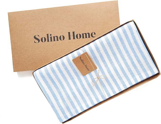 Solino Home Linen Tablecloth 60 x 108 Inch - Amalfi Stripe 100% Pure Linen Sky Blue and White Table Cloth for Rectangle Tables - Machine Washable Tablecloth