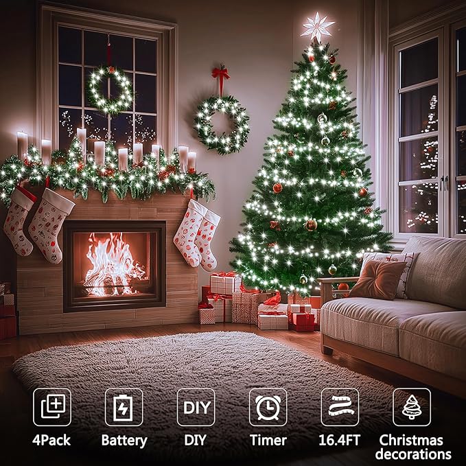 4 Pack Christmas Fairy Lights Battery Operated, 16.4FT 50 LED Dark Green Wire Twinkle Lights with Auto Timer Waterproof, Outdoor String Lights for Indoor Outdoor Bedroom Yard Decor (Cool White)