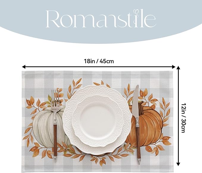 Romanstile Fall Placemats Set of 4-12 X 18 Inch - Thanksgiving Autumn Harvest Pumpkin Buffalo Plaid Place Mats, Stain Resistant Wipeable Table Mats for Party/Dining/Holiday- Grey Blue Checkered