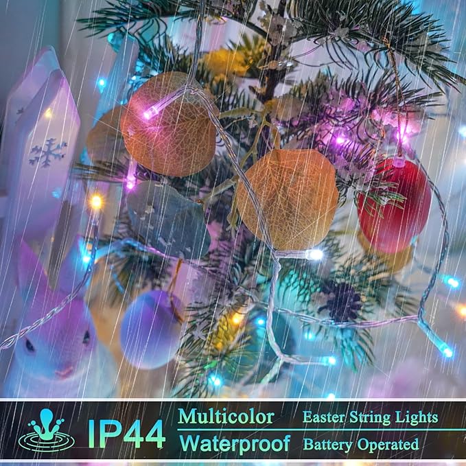 Easter Lights Battery Operated Fairy Lights, 2 Pack 33FT 100LED Multicolor easter String Lights, 8 Modes Waterproof Pastel Light Indoor Outdoor, Twinkle Lights for Room Garden Party Easter Decorations