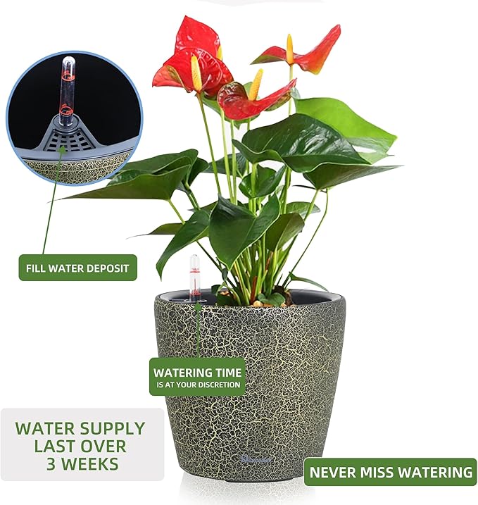 Dexceder 11x10 Inches Self Watering Planter Indoor Outdoor, Inner Pot Design, Thickened Table Flower Plant Pot with Water Level Indicator (Black Gold Crackle)