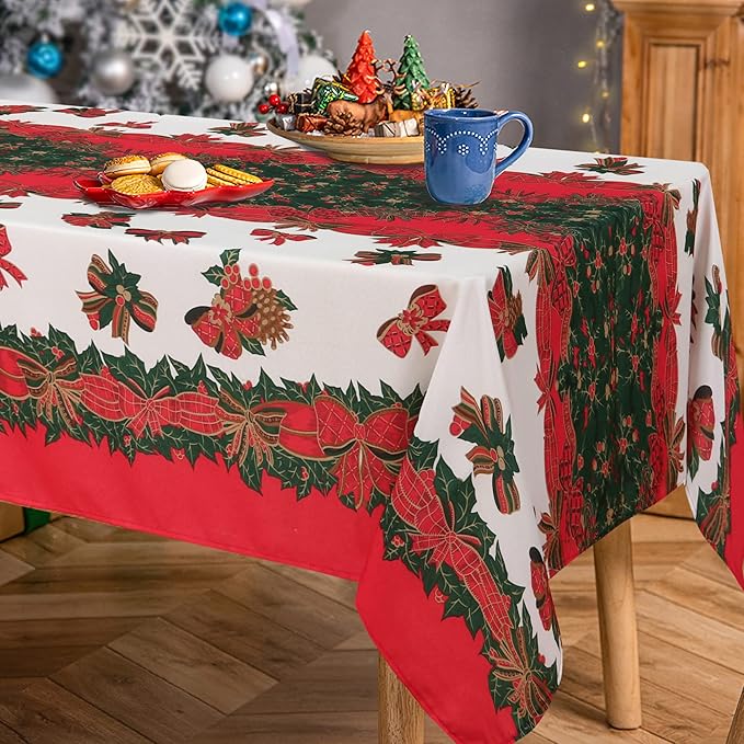 LUSHVIDA Christmas Tablecloth Rectangle - 60x84 inch Holly Ribbon Pattern Washable Wrinkle Resistant Holiday Tablecloths for Christmas Family Gathering, Dining Room Table 130GSM