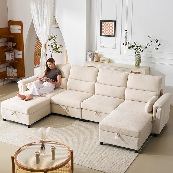 132'' Oversized Modular Sectional Sofa, U Shaped Comfy Sectional Couch with Large Storage, 6 Seat Chenille Deep Seat Cloud Sofa with 2 Throw Pillows for Living Room,Beige