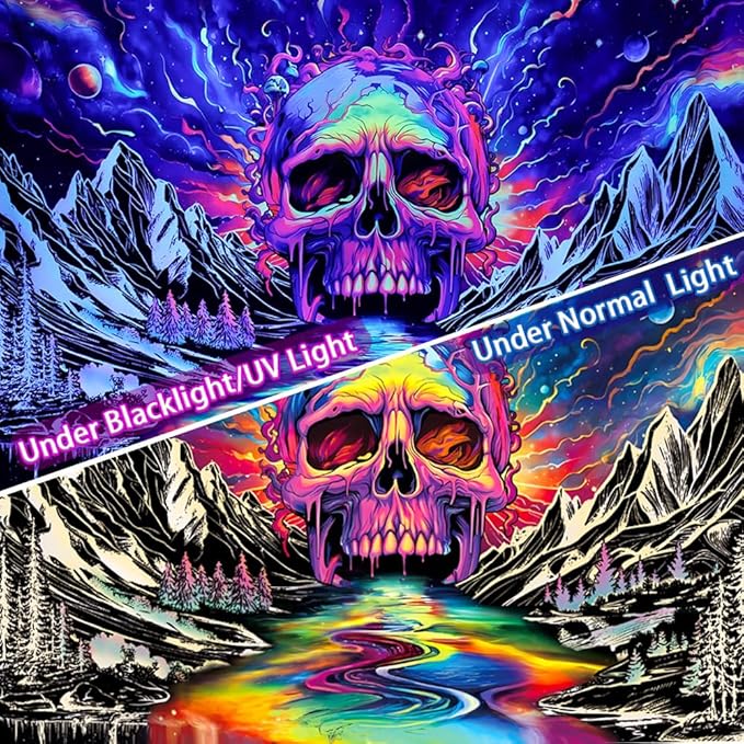 Blacklight Skull Tapestry UV Reactive Galaxy Mountain Planet Tapestries Magic Neon River Wall Hanging Aesthetic Skeleton Wall Decor Forest Trees Landscape Backdrop for Living Room