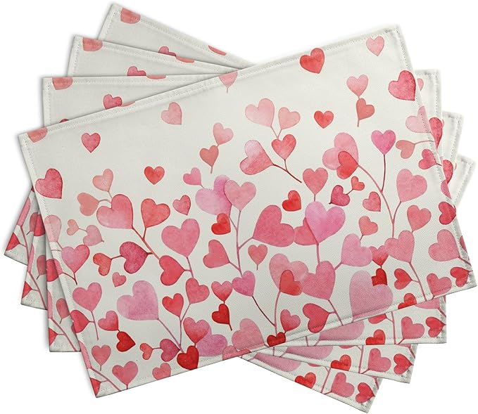 Pink Love Heart Valentine's Day Placemats Set of 4 Valentine Seasonal Holiday Linen Table Mats 12x18 Inch Anniversary Wedding Sweet Romantic Place Mats for Party Kitchen Dining Outdoor Indoor Decor