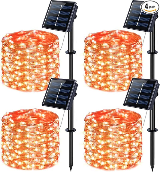 JMEXSUSS 4 Pack Solar Halloween Lights, Total 400 LED 132 FT Orange Solar Lights Outdoor Waterproof, 8 Modes Copper Wire Solar Fairy String Lights for Garden Yard Tree Halloween Decor