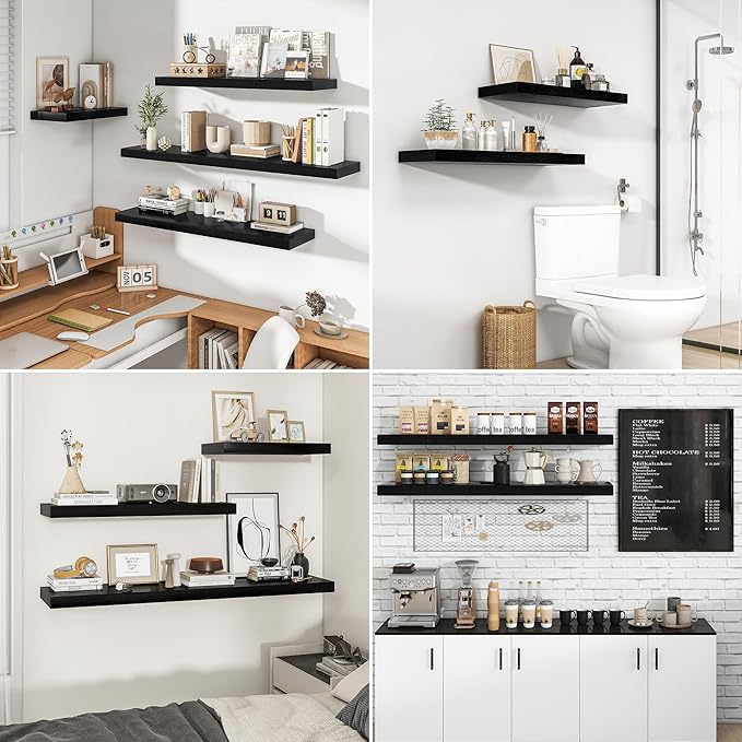 RICHFOCUS 55Inch Floating Shelves for Wall 2 Pack Shelves for Bedroom|Kitchen|Bathroom Wall Mounted Rustic Wood Floating Shelf with Invisible Brackets for Books|Storage|Decor, Black