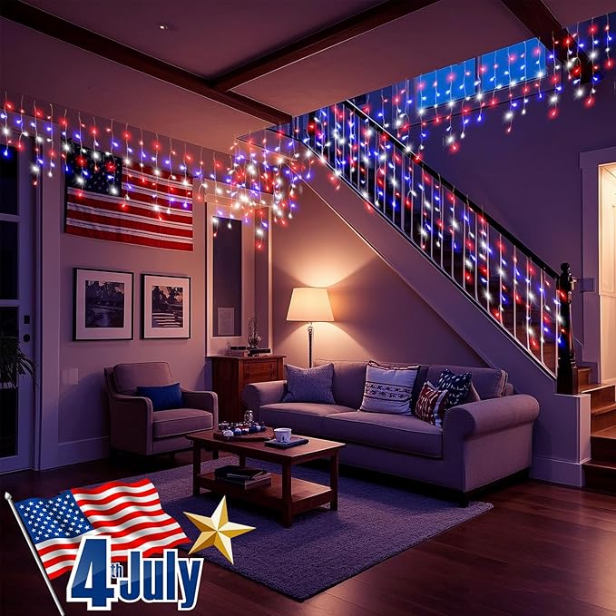 Red White and Blue Lights for 4th of July Decor, 66ft Icicle Lights for Outside Independence Day Decoration, 640 LED Christmas Light Outdoor Indoor with 120 Drops Clear Wire Connectable for Holiday