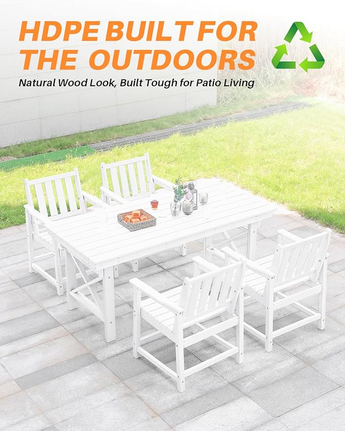 HDPE Outdoor Dining Table, 66.9” Rectangle Patio Dining Table for 6, All-Weather HDPE Outdoor Table with 2.2” Umbrella Hole, HDPE Patio Furniture for Deck, Backyard, Garden, Pool, Pearl