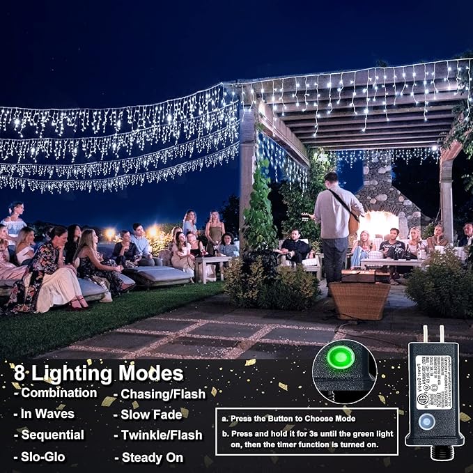 Icicle Christmas Lights Outdoor, 66FT 640 LED Icicle Lights for Outside, Waterproof & 8 Modes & Timer Function, Plug in Curtain String Light for Indoor Patio Garden Party Wedding Decorations, White