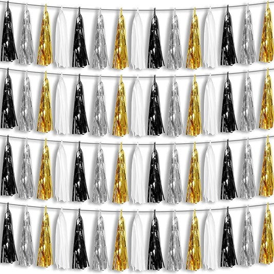 4P Black Gold Silver Foil Fringe Metallic Tassel Garland, Tassels Banner Streamers for Parade Floats, Bachelorette, Wedding, Birthday, Halloween, Christmas, Bridal/Baby Shower Party Decorations