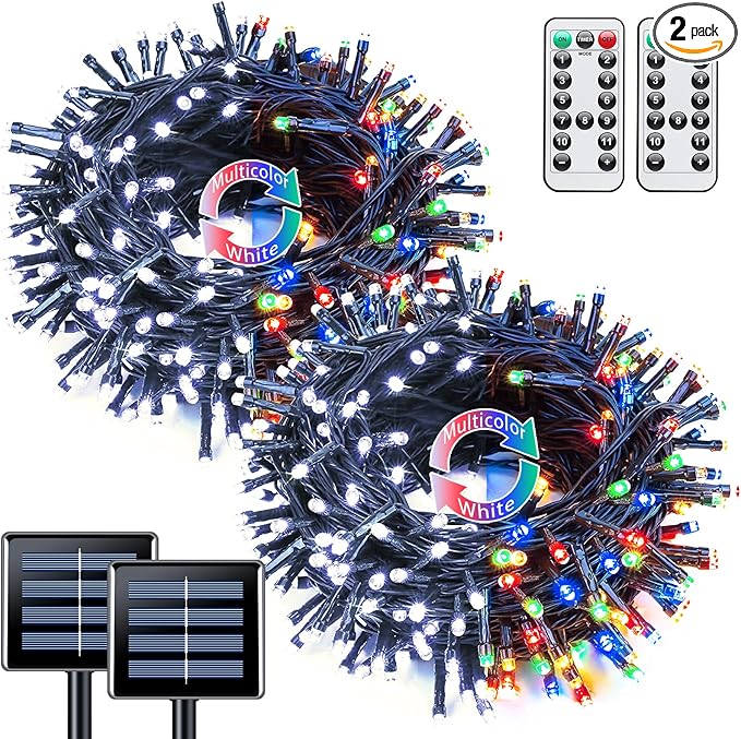 JMEXSUSS 2 Pack White & Multicolor Solar Christmas Lights Outdoor, Each 100 LED 33ft Solar Color Changing Lights Outdoor Waterproof for Christmas Tree Yard Decorations