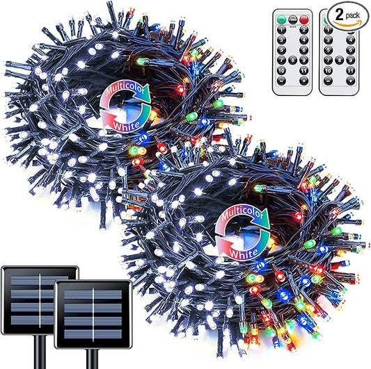 JMEXSUSS 2 Pack White & Multicolor Solar Christmas Lights Outdoor, Each 100 LED 33ft Solar Color Changing Lights Outdoor Waterproof for Christmas Tree Yard Decorations