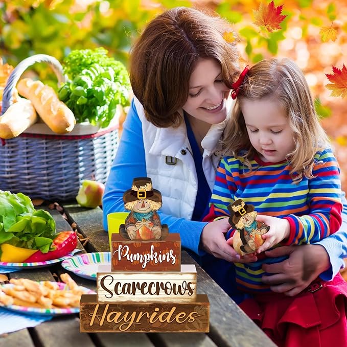 4 Pcs Fall Thanksgiving Decor for Home Cute Scarecrow Wooden Signs with Sayings Thanksgiving Fall Tiered Tray Decor Scarecrow Tabletop Centerpiece Hay Ride Block Signs for Office Kitchen Shelf