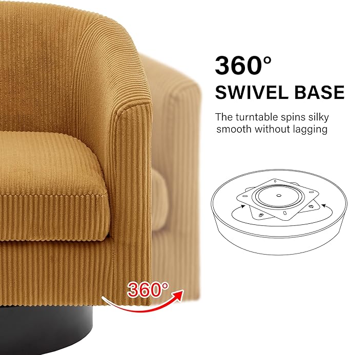 Swivel Barrel Accent Chair, Modern Round Corduroy Fabric Arm Chair for Living Room, Bedroom, Comfy Club Reading Chairs for Adults, Corduroy Orange, Set of 2